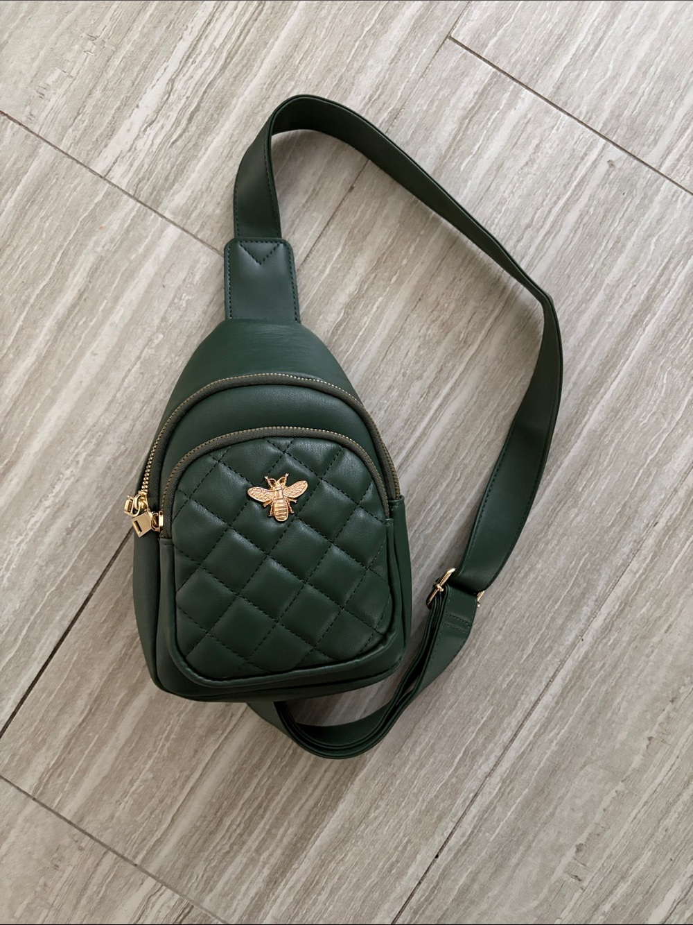 Quilted Green Bee Accent Crossbody Sling Bag
